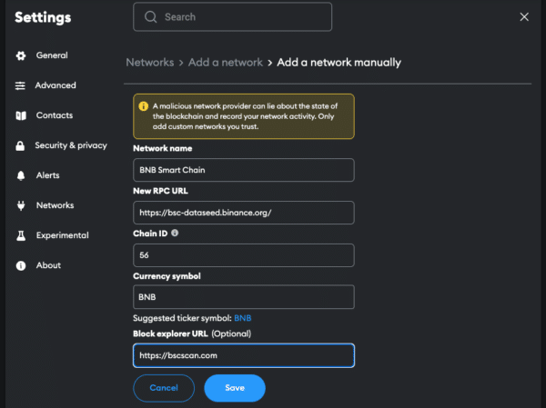 BNB Smart Chain network settings in MetaMask