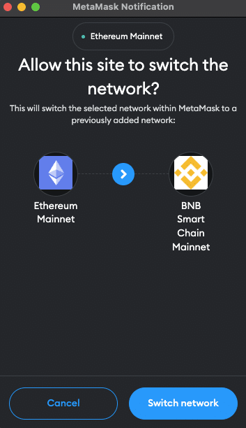 Switch to BNB Smart Chain network in MetaMask