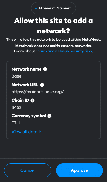 Approve Base network connection in MetaMask