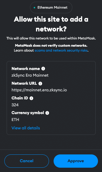 MetaMask approval popup for zkSync Network