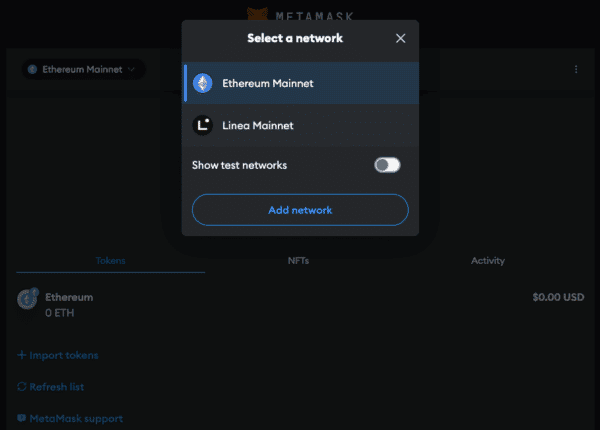 MetaMask network dropdown menu