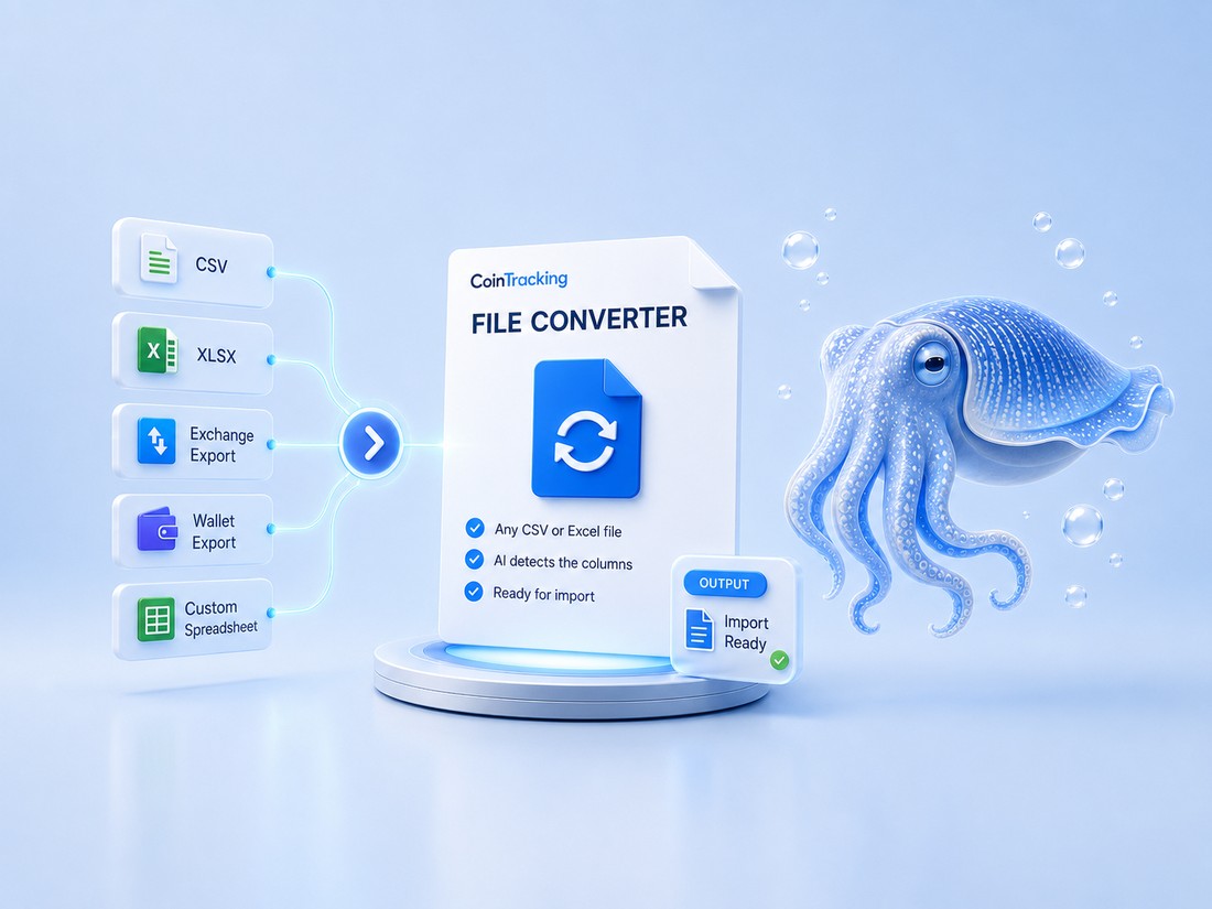 CoinTracking File Converter turning CSV, XLSX, PDF and TXT files into a ready-to-import file