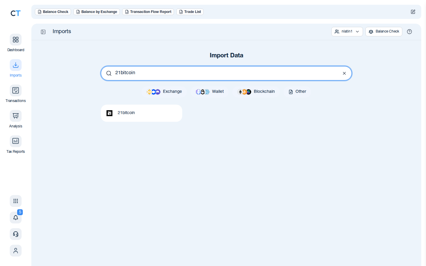 CoinTracking import search showing the 21bitcoin result card