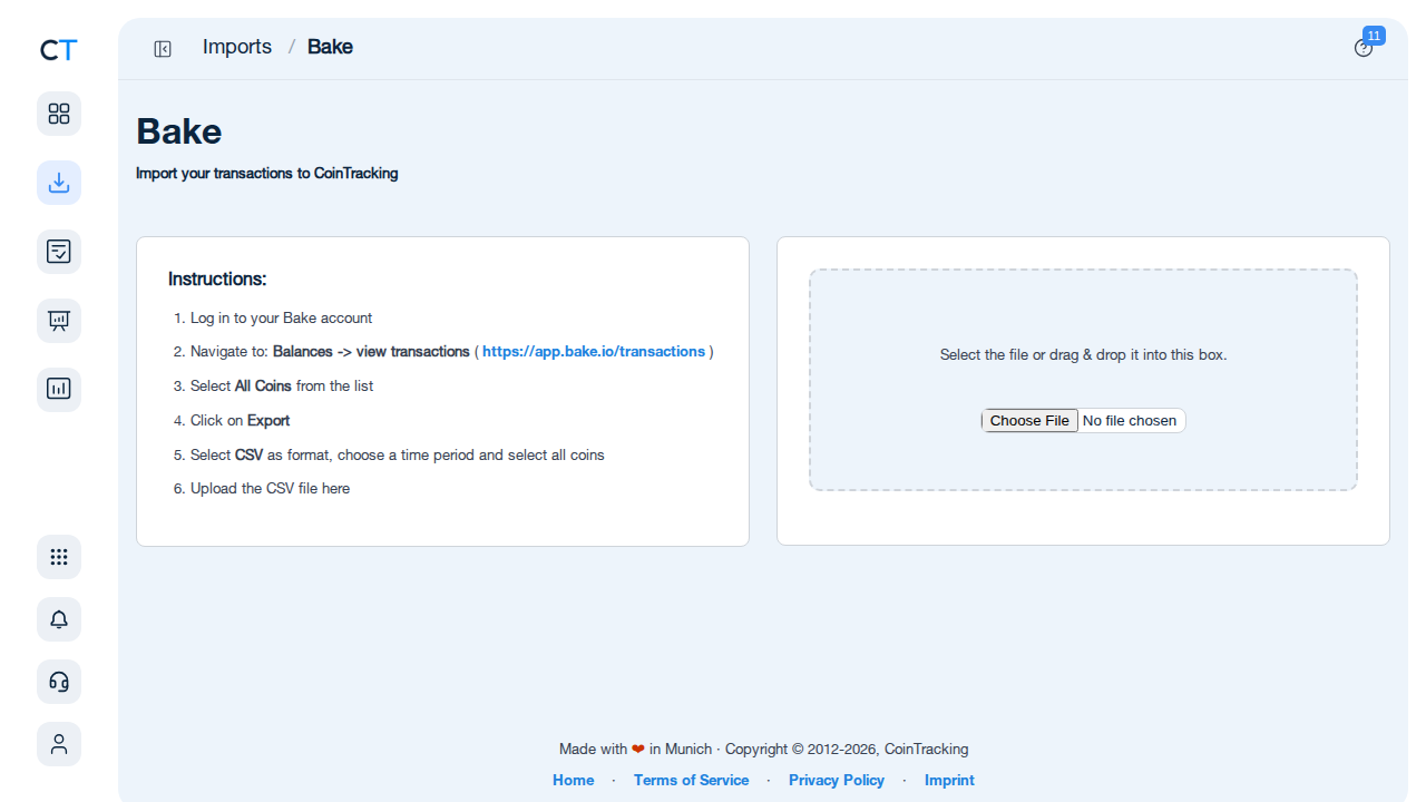 Bake CSV import page in CoinTracking showing the import instructions and file upload area