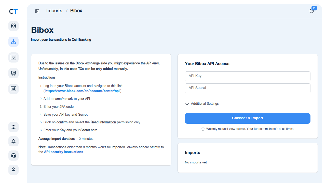 Bibox CSV import page in CoinTracking showing the import instructions and file upload area