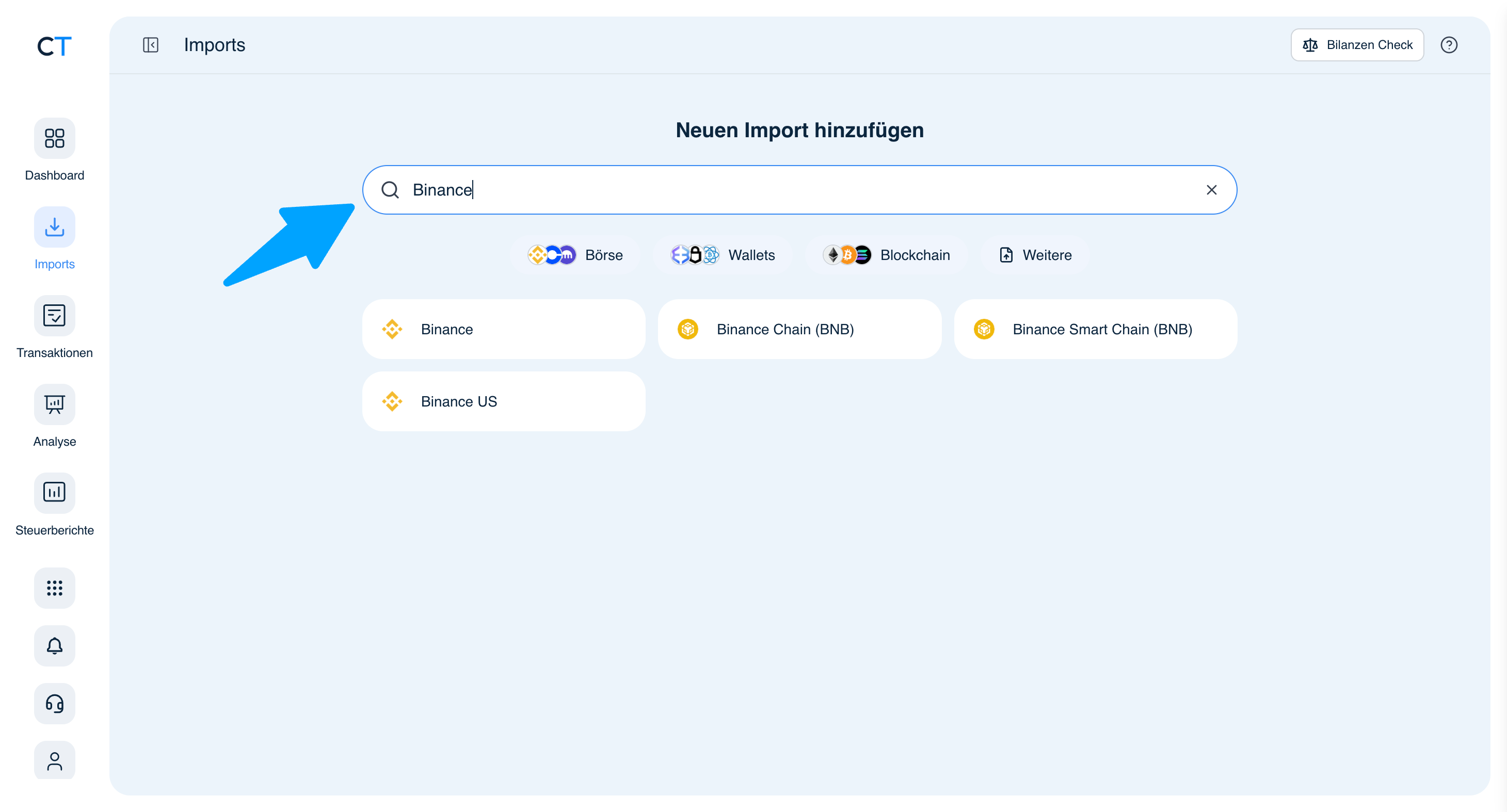 CoinTracking Import-Suche mit Binance-Ergebnissen: Binance, Binance Chain BNB, Binance Smart Chain, Binance US