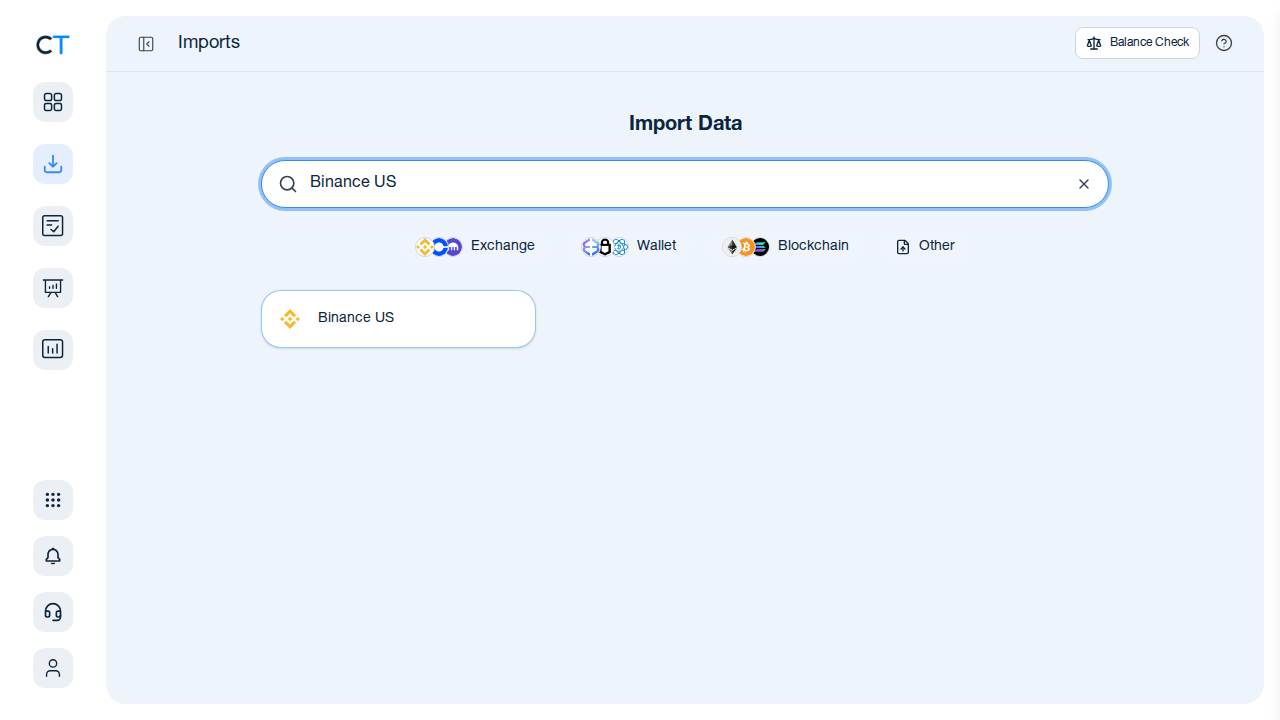 CoinTracking import search showing the Binance US exchange card after typing Binance US in the search box