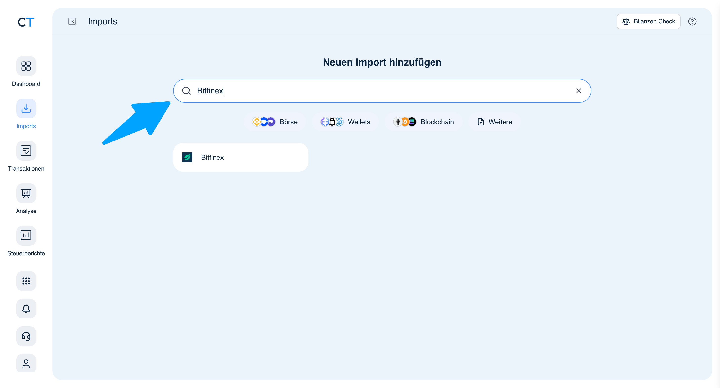 CoinTracking Import-Suche mit Bitfinex Ergebnis