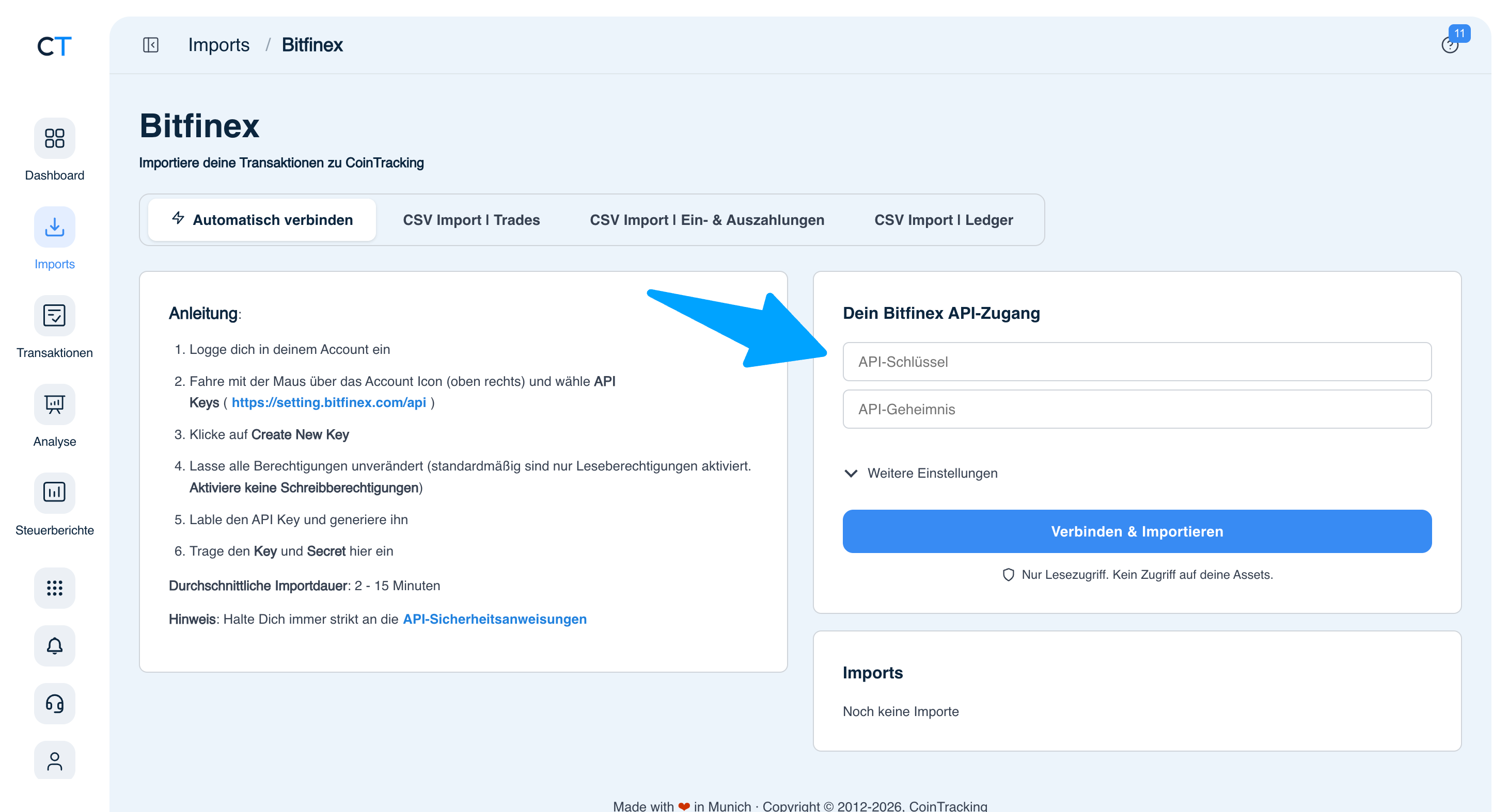 CoinTracking Bitfinex Import mit API-Schlüssel und API-Geheimnis Feldern sowie CSV-Import-Tabs