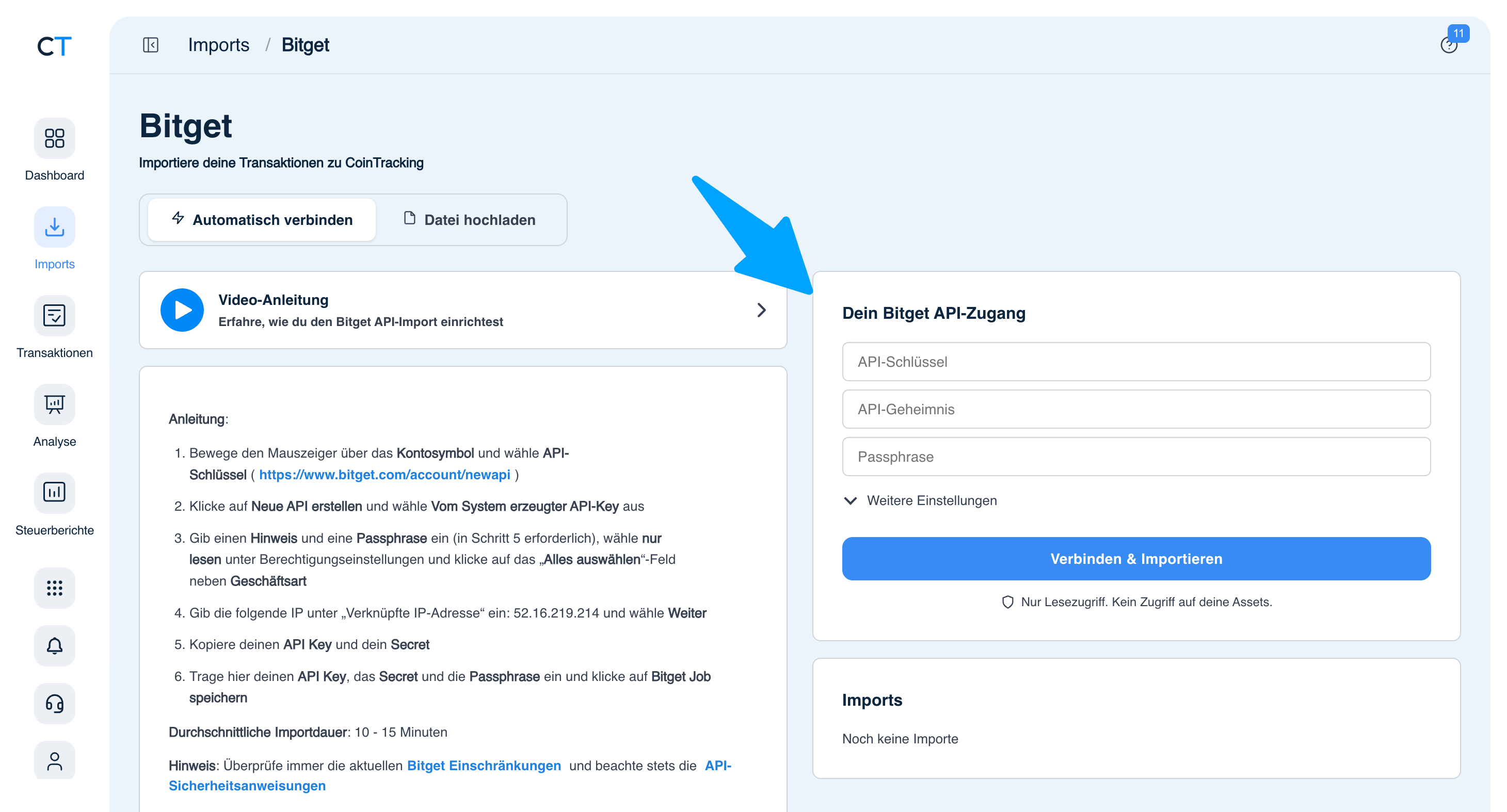 CoinTracking Bitget Import mit API-Schlüssel, API-Geheimnis, Passphrase und Verbinden-Button