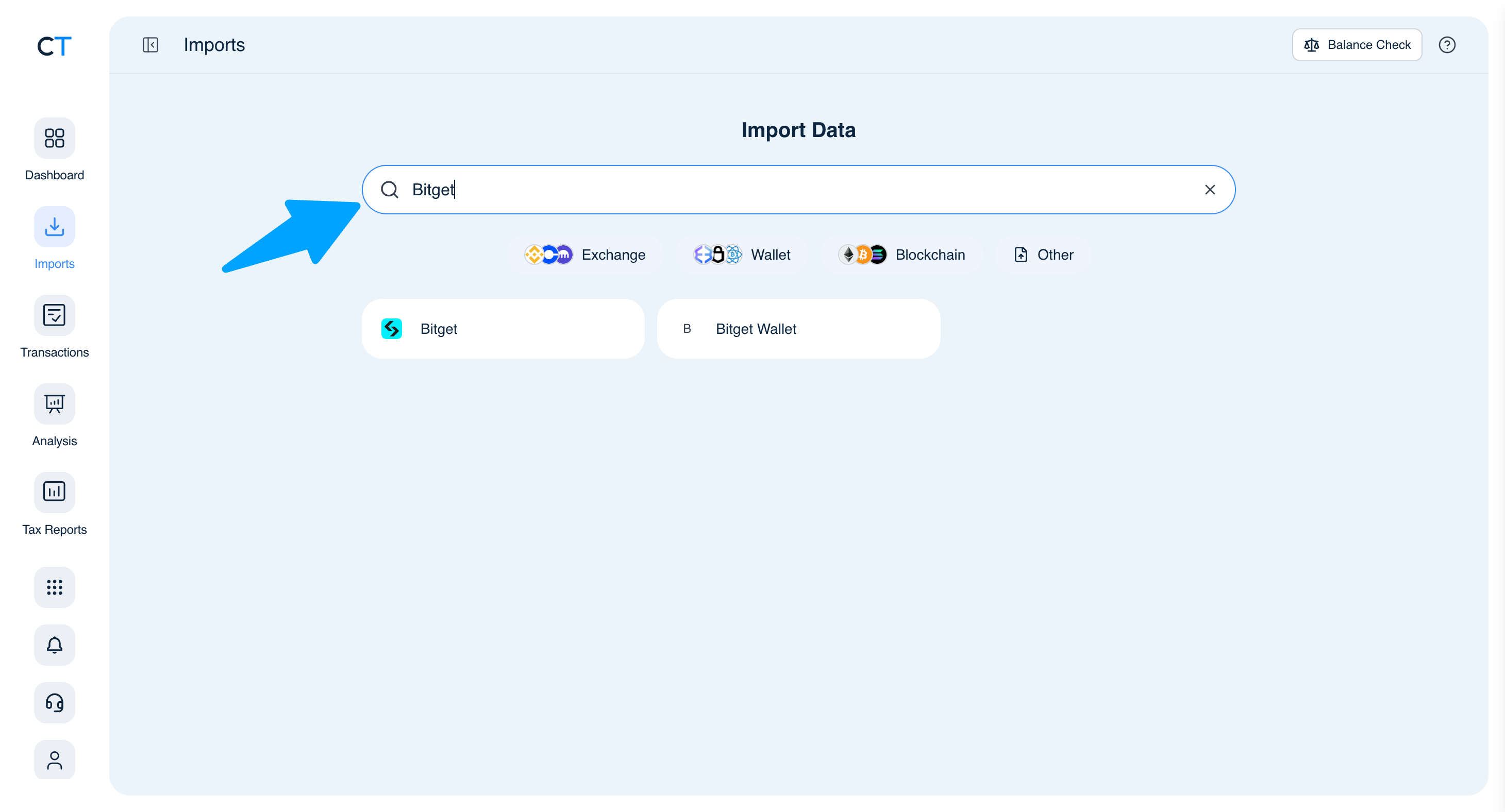 CoinTracking Import search showing Bitget and Bitget Wallet results