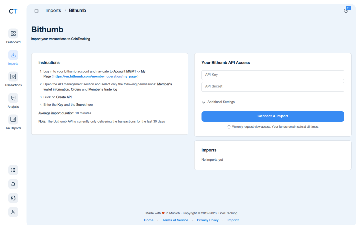 Bithumb CSV import page in CoinTracking showing the import instructions and file upload area