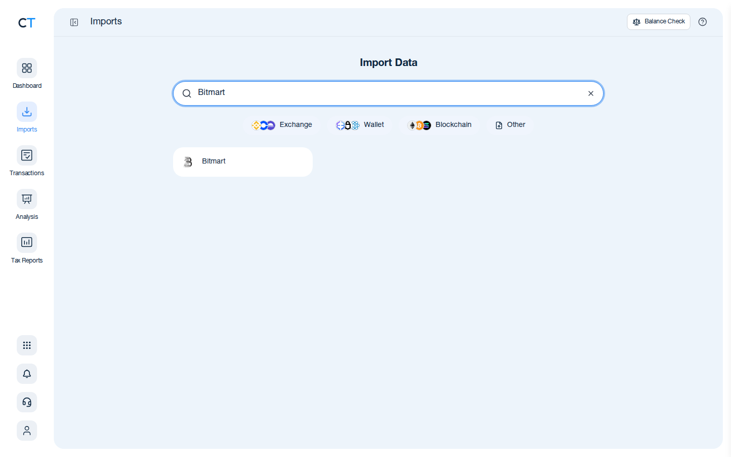 CoinTracking import search showing the BitMart exchange card after typing BitMart in the search box