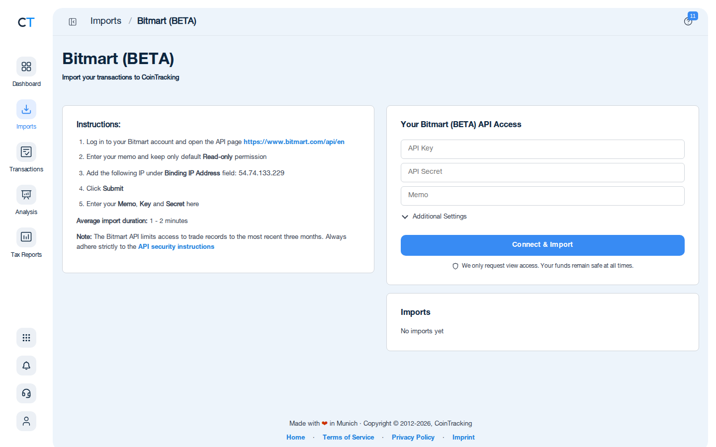 BitMart CSV import page in CoinTracking showing the import instructions and file upload area