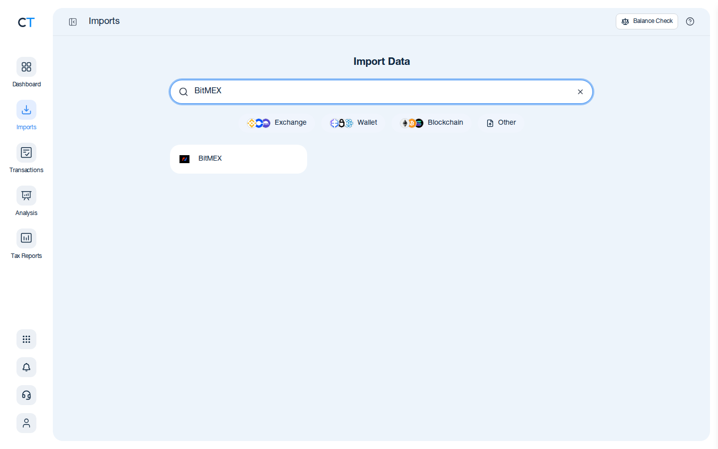 CoinTracking import search showing the BitMEX exchange card after typing BitMEX in the search box
