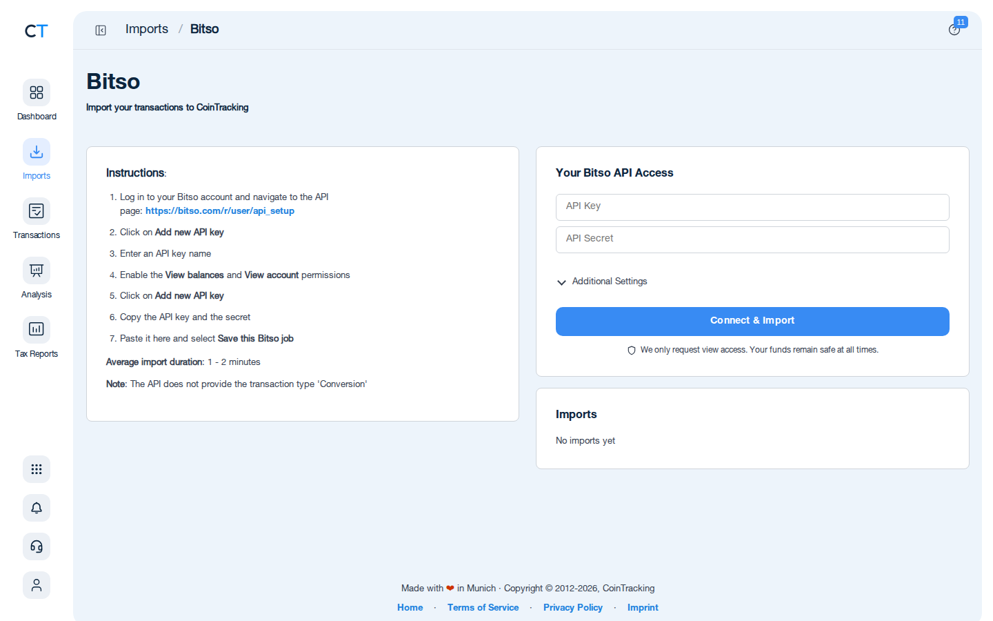 Bitso CSV import page in CoinTracking showing the import instructions and file upload area