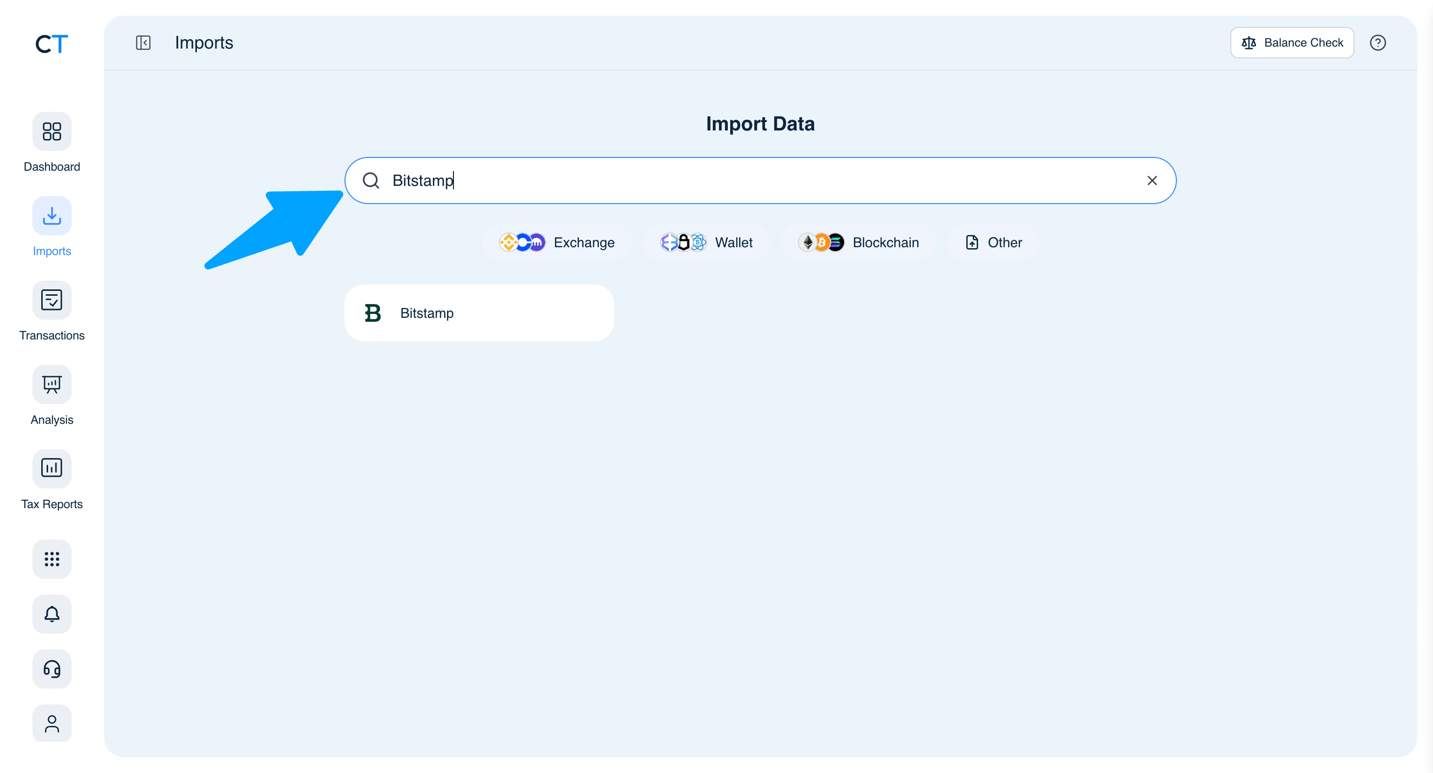 CoinTracking Import search showing Bitstamp result