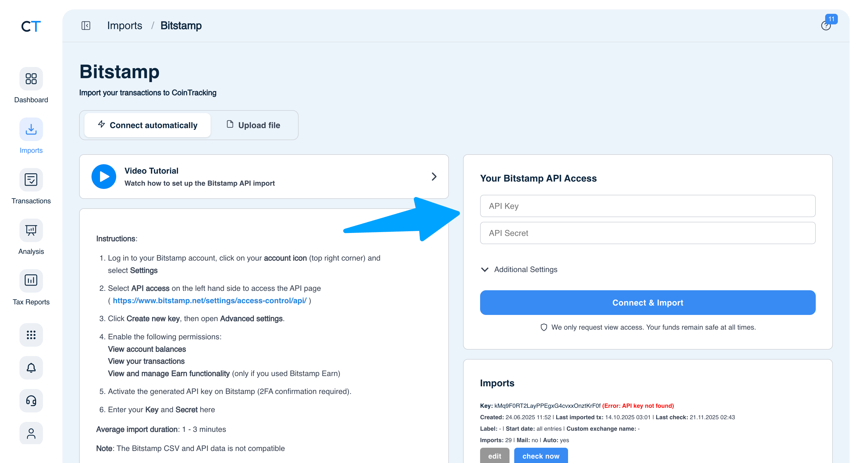 CoinTracking Bitstamp import page showing Connect automatically tab with API Key and API Secret fields