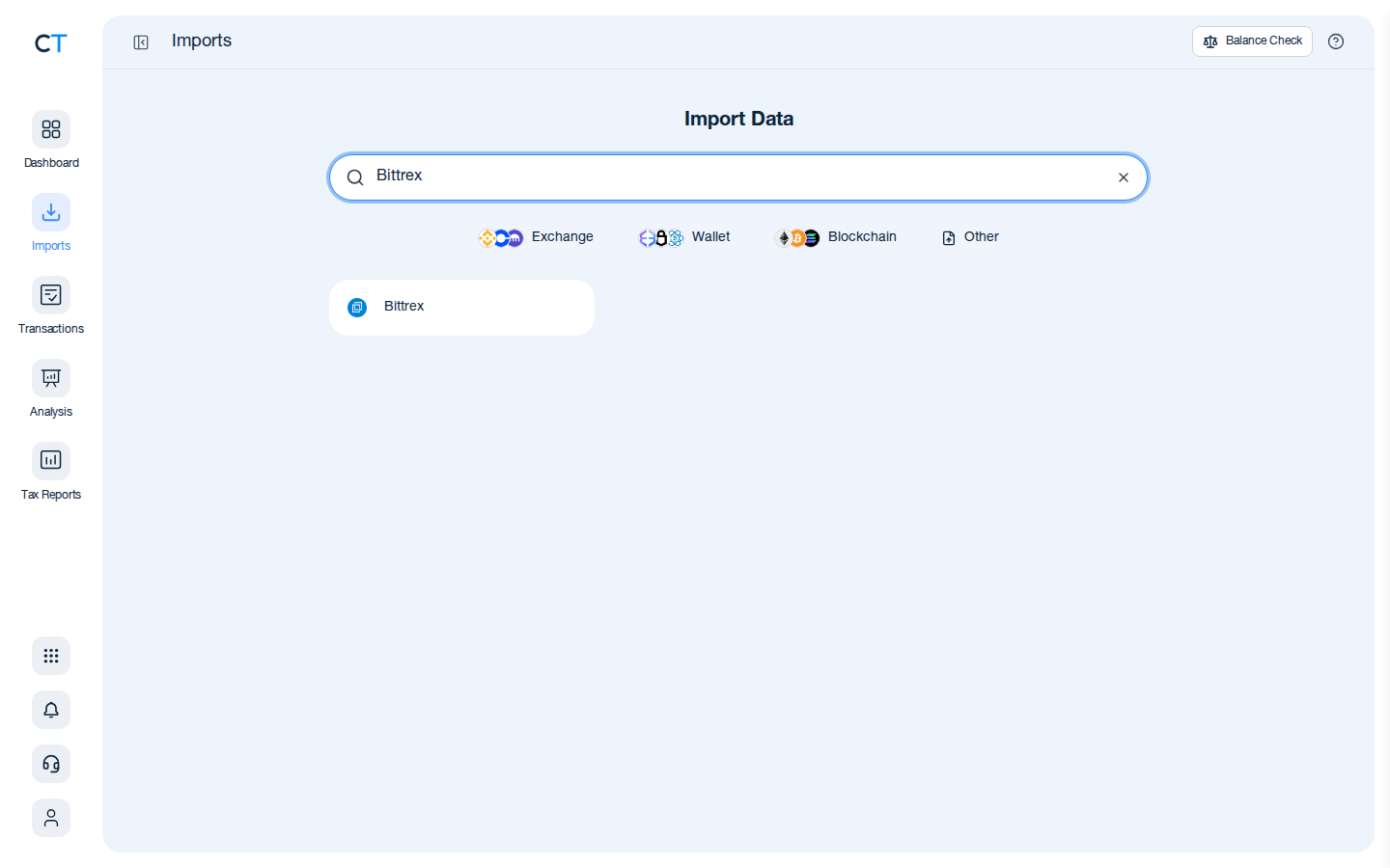 CoinTracking import search showing the Bittrex exchange card after typing Bittrex in the search box