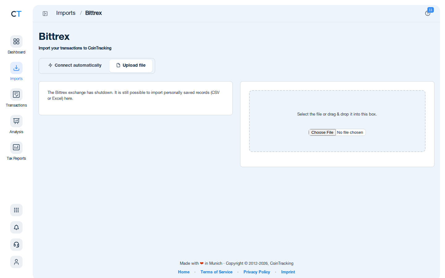 Bittrex CSV import page in CoinTracking showing the import instructions and file upload area