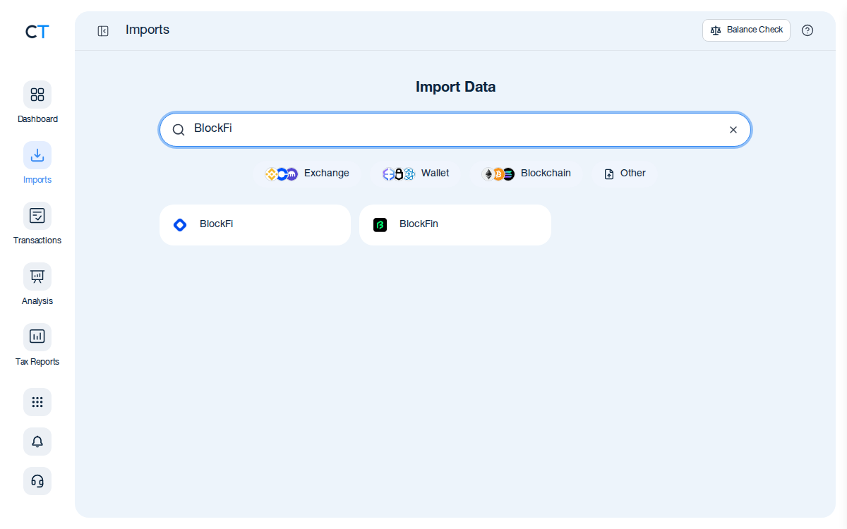 CoinTracking import search showing the BlockFi exchange card after typing BlockFi in the search box