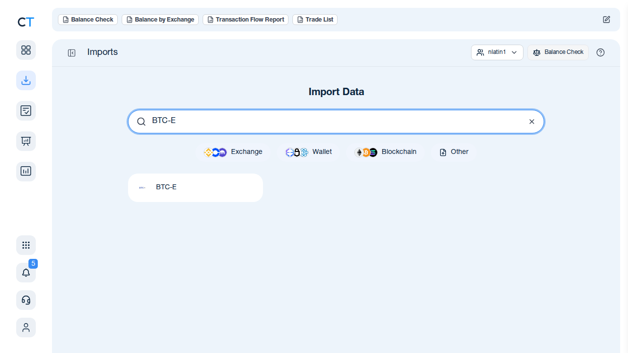 CoinTracking import search showing the BTC-E exchange card after typing BTC-E in the search box