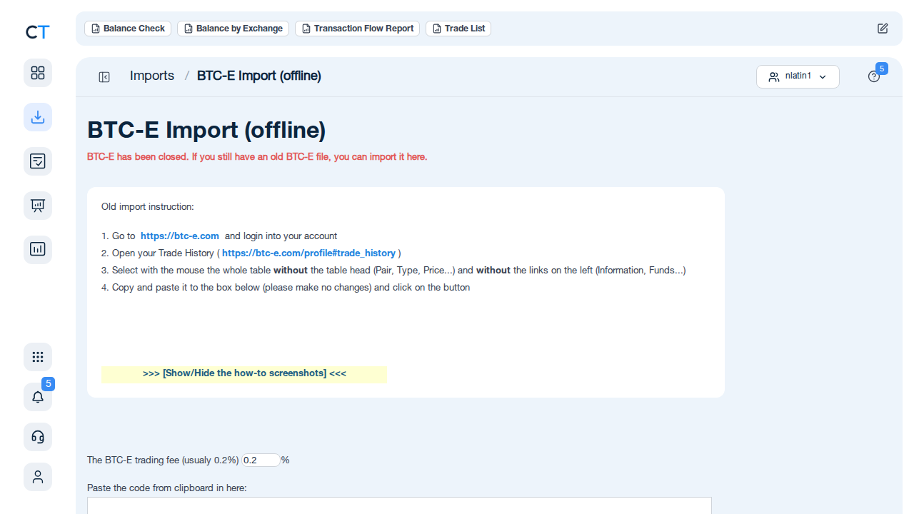 BTC-E offline import page in CoinTracking with a paste field for trade history data