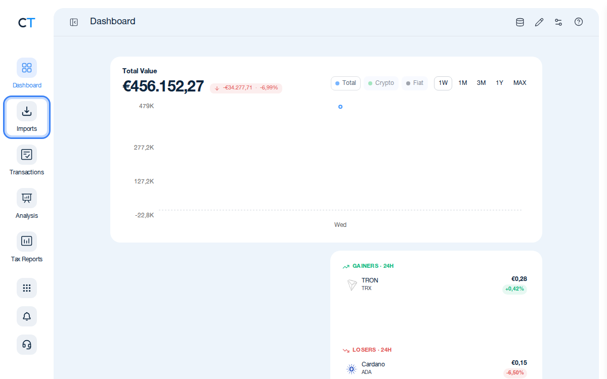 CoinTracking Dashboard with the Import icon highlighted in the left navigation