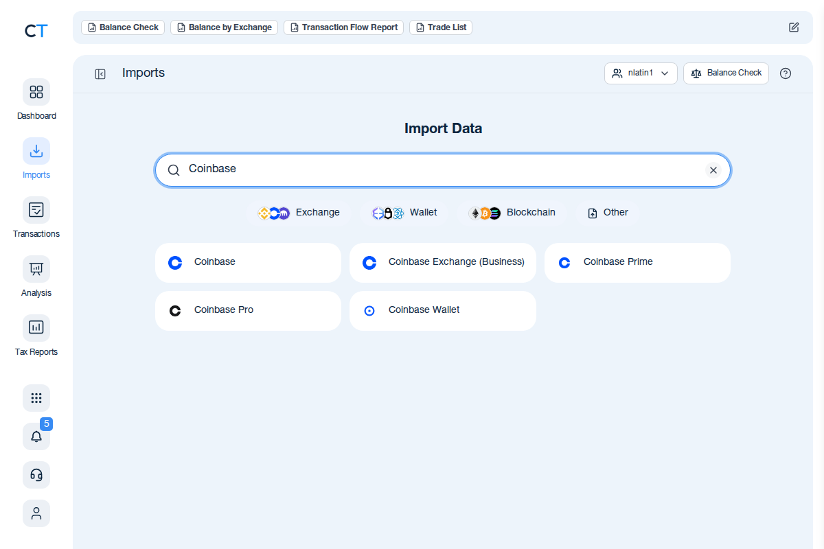 CoinTracking import search showing Coinbase exchange options including Coinbase Exchange (Business)