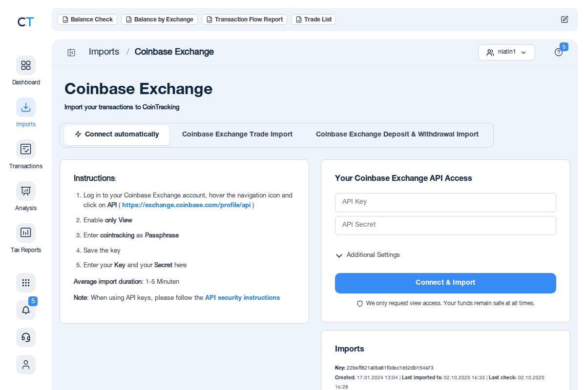 Coinbase Exchange Business import page in CoinTracking showing API key fields and import instructions