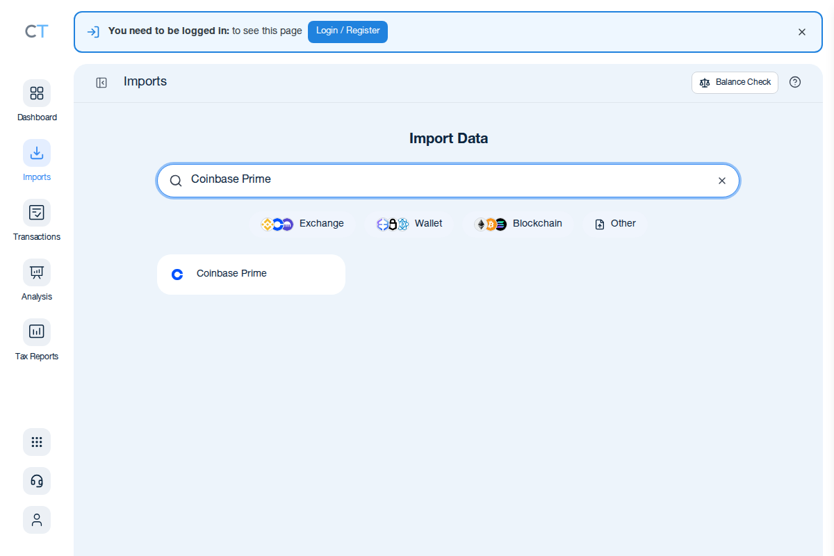 CoinTracking import search showing the Coinbase Prime exchange card after typing in the search box
