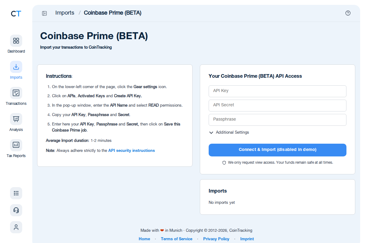 Coinbase Prime API import page in CoinTracking showing the API key entry fields