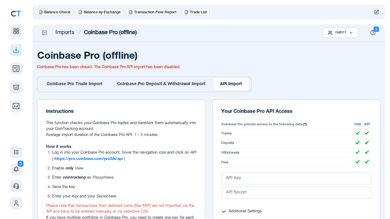 Coinbase Pro import page in CoinTracking showing CSV upload instructions