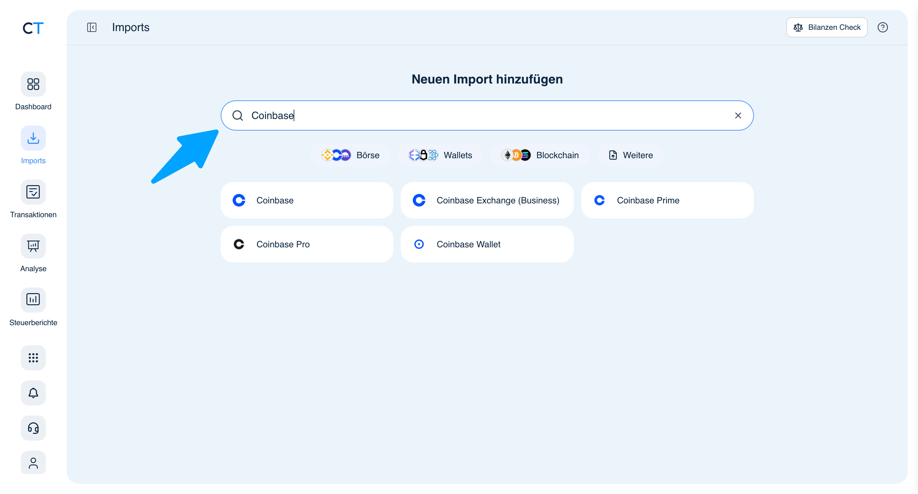 CoinTracking Import-Suche mit Coinbase-Ergebnissen: Coinbase, Coinbase Exchange, Coinbase Prime, Coinbase Pro, Coinbase Wallet