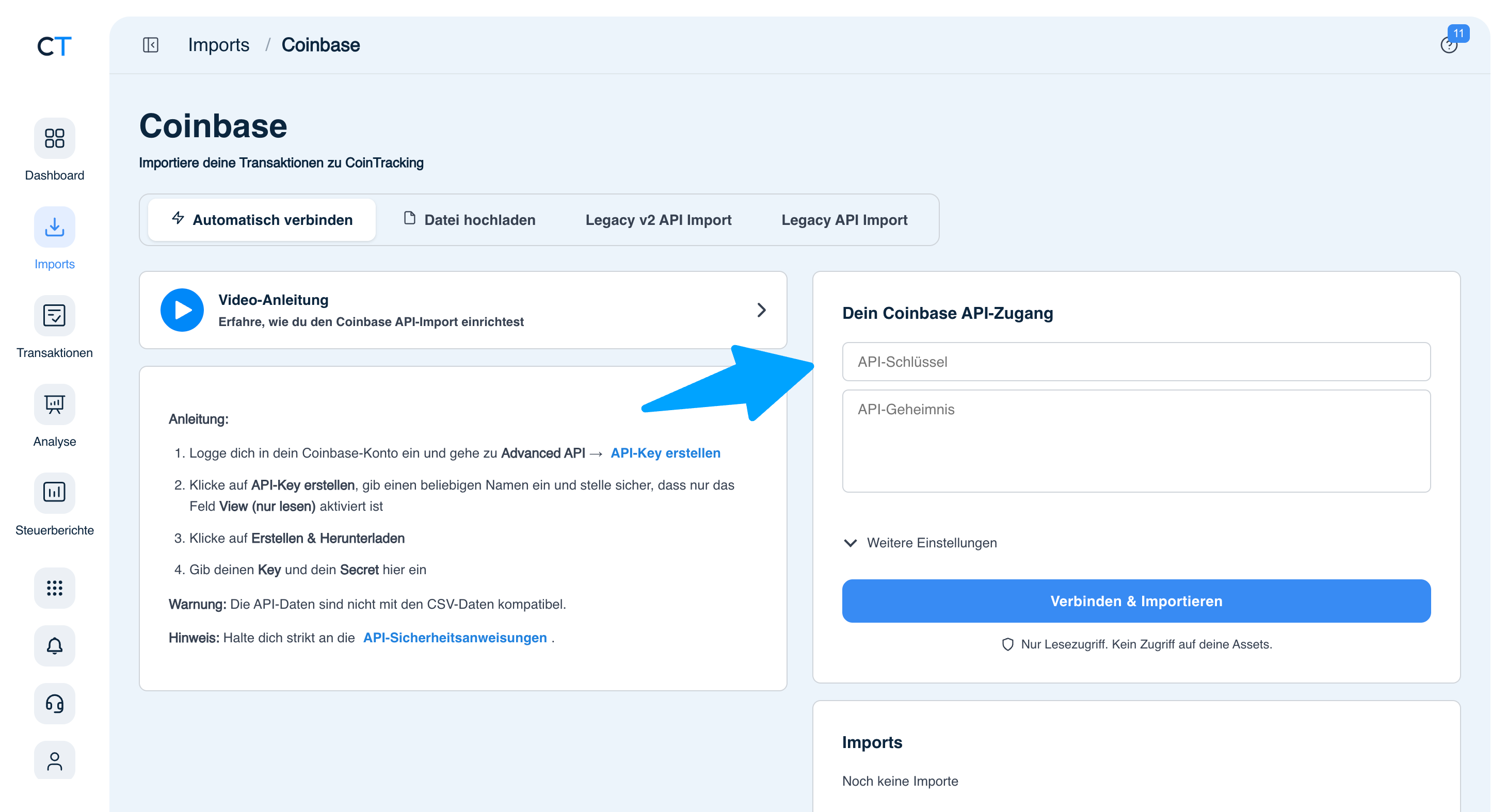 CoinTracking Coinbase Import mit API-Key Feldern und Verbinden-Button