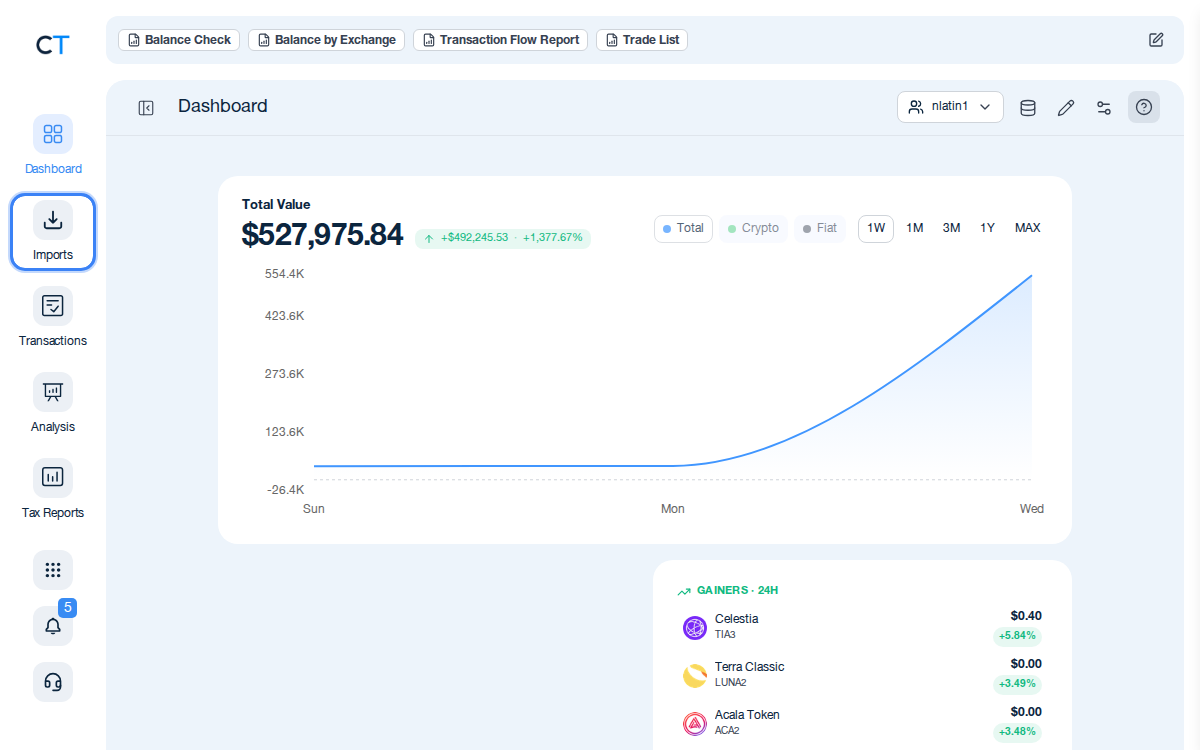 Panel de CoinTracking con el icono de importación destacado en la navegación izquierda