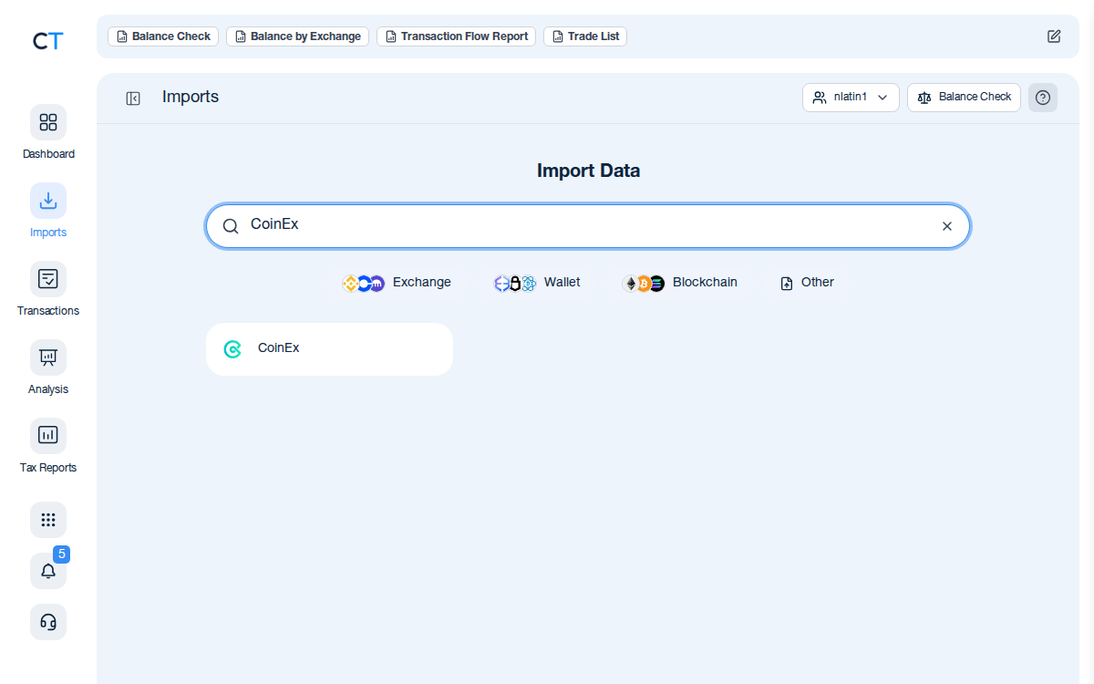 Buscador de importación de CoinTracking con el resultado de CoinEx tras escribir 'CoinEx' en el campo de búsqueda
