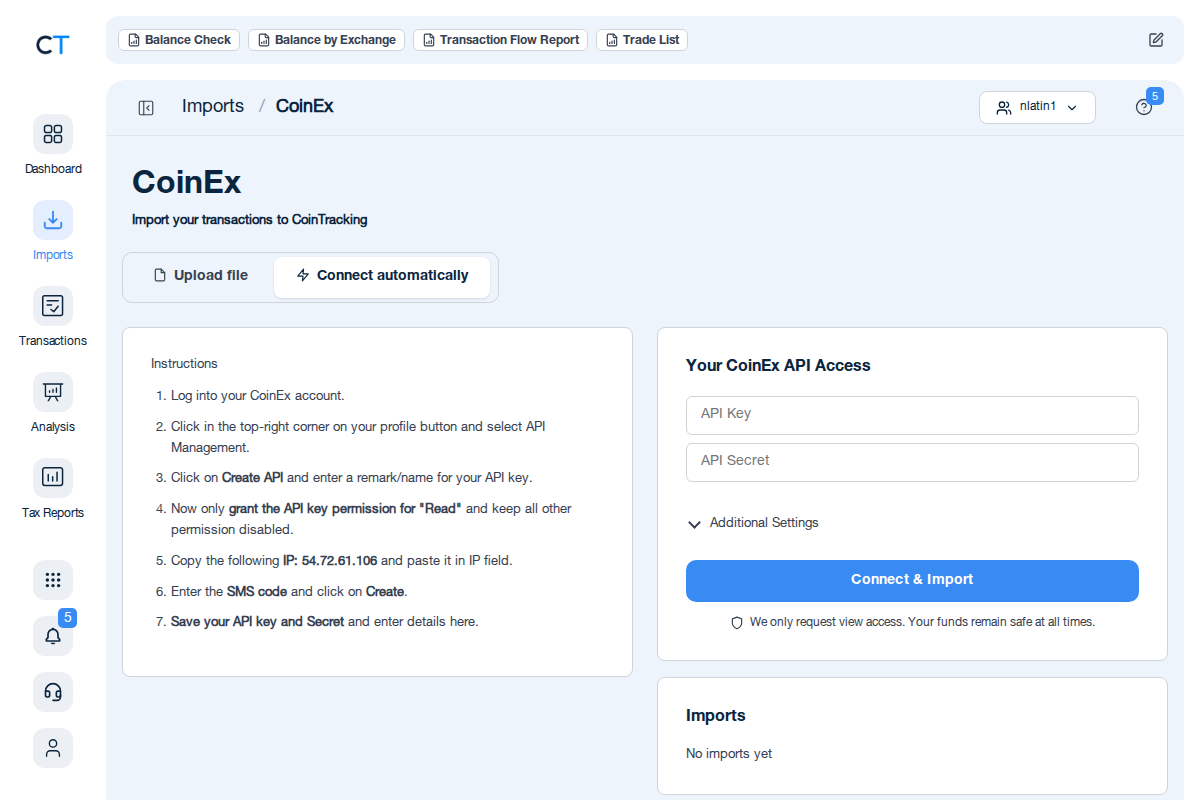Página de importación de CoinEx en CoinTracking con opciones de conexión API y subida de CSV