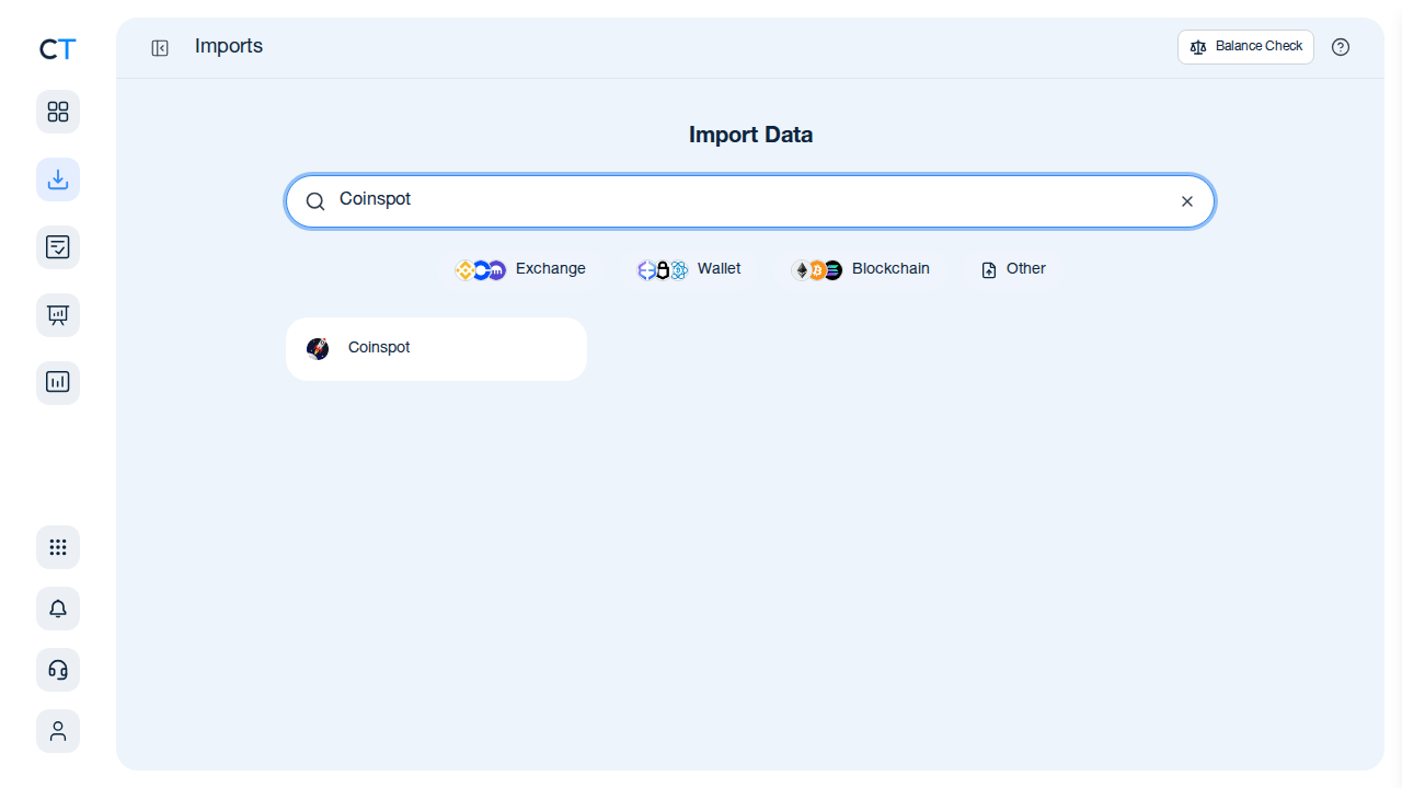 CoinTracking import search showing CoinSpot exchange option