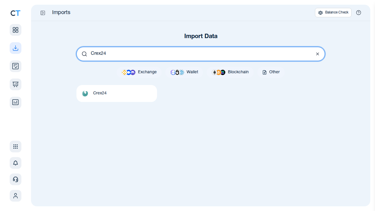 CoinTracking import search showing Crex24 in the results