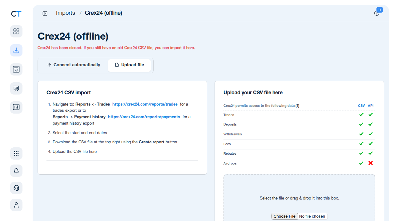 Crex24 import page in CoinTracking showing CSV upload instructions