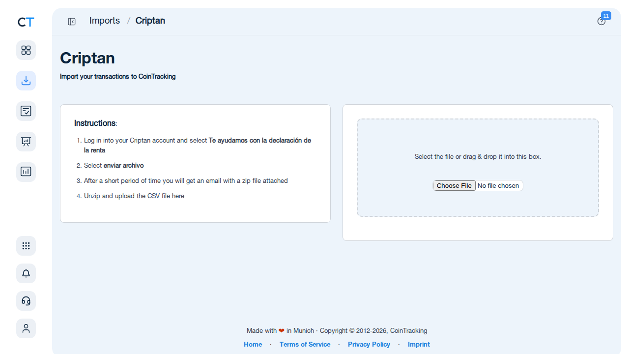 Criptan import page in CoinTracking showing CSV upload area and instructions
