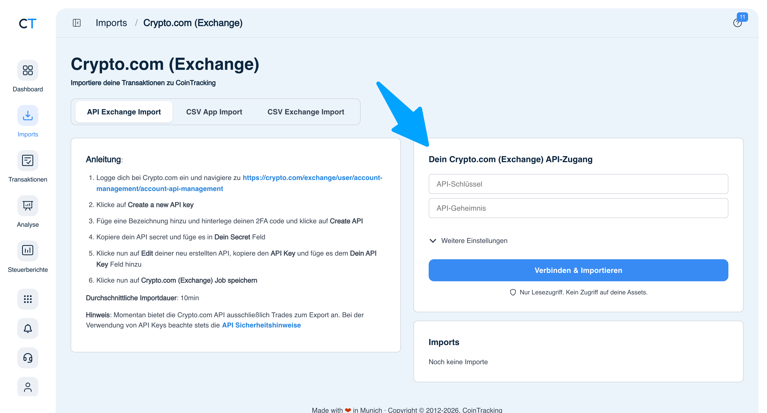 CoinTracking Crypto.com Import mit API Exchange Import, CSV App Import und CSV Exchange Import Tabs