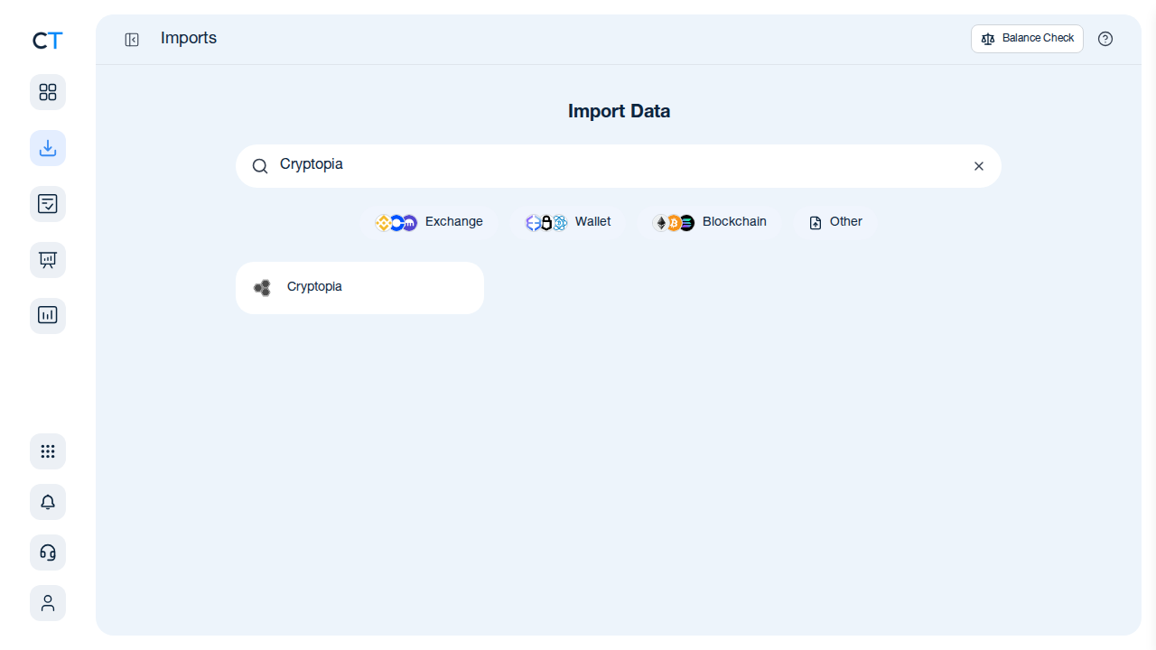 CoinTracking import search showing Cryptopia result