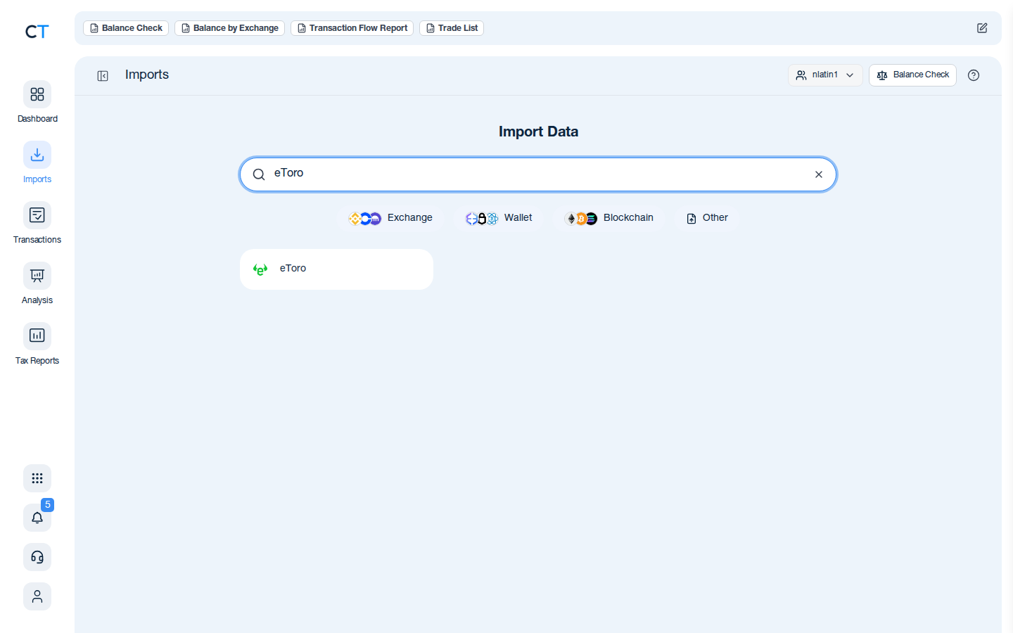 CoinTracking import search showing the eToro exchange card after typing eToro in the search box
