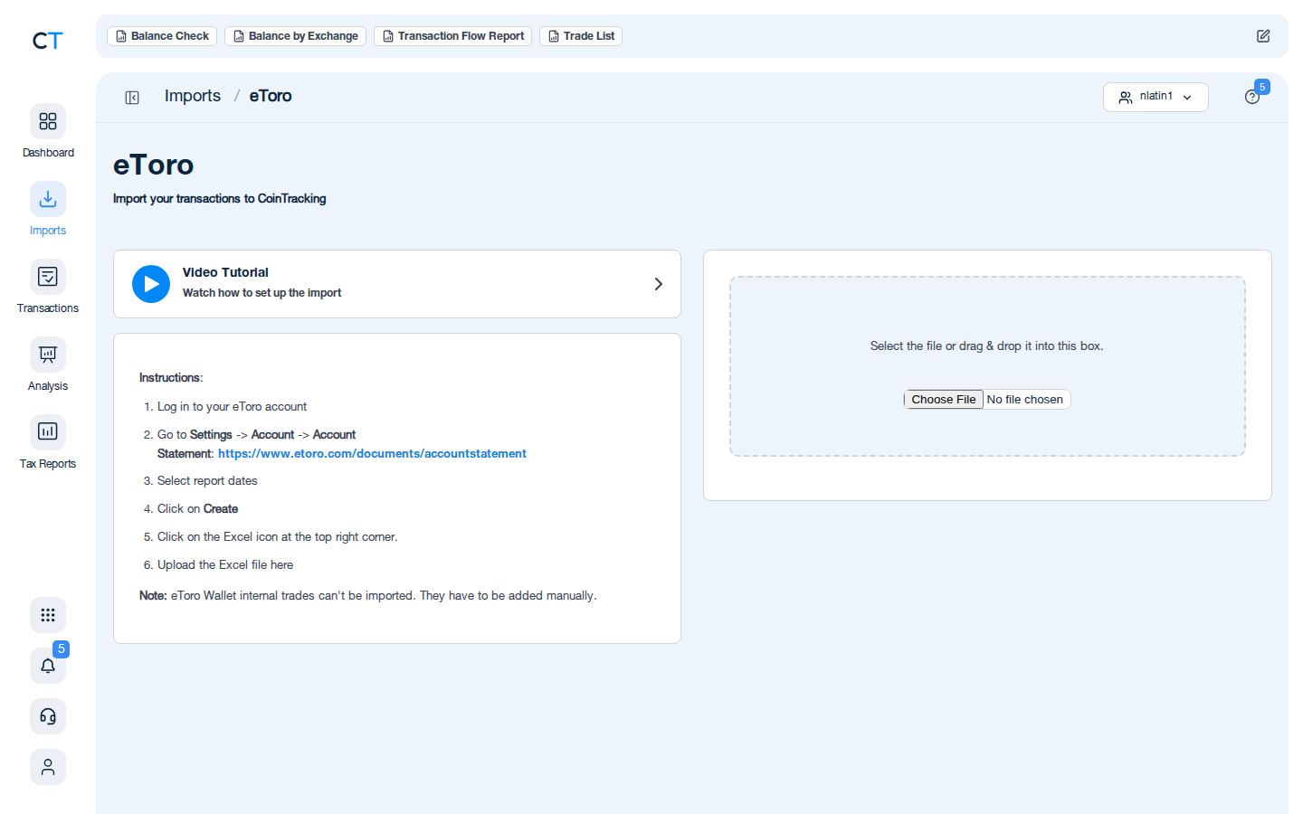 eToro CSV import page with a link to etoro.com/documents/accountstatement and a Choose File upload button