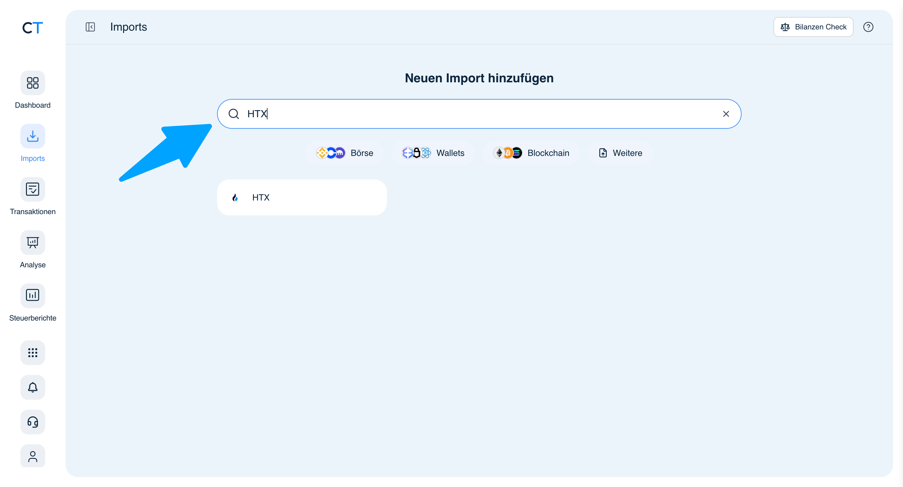 CoinTracking Import-Suche mit HTX-Ergebnis