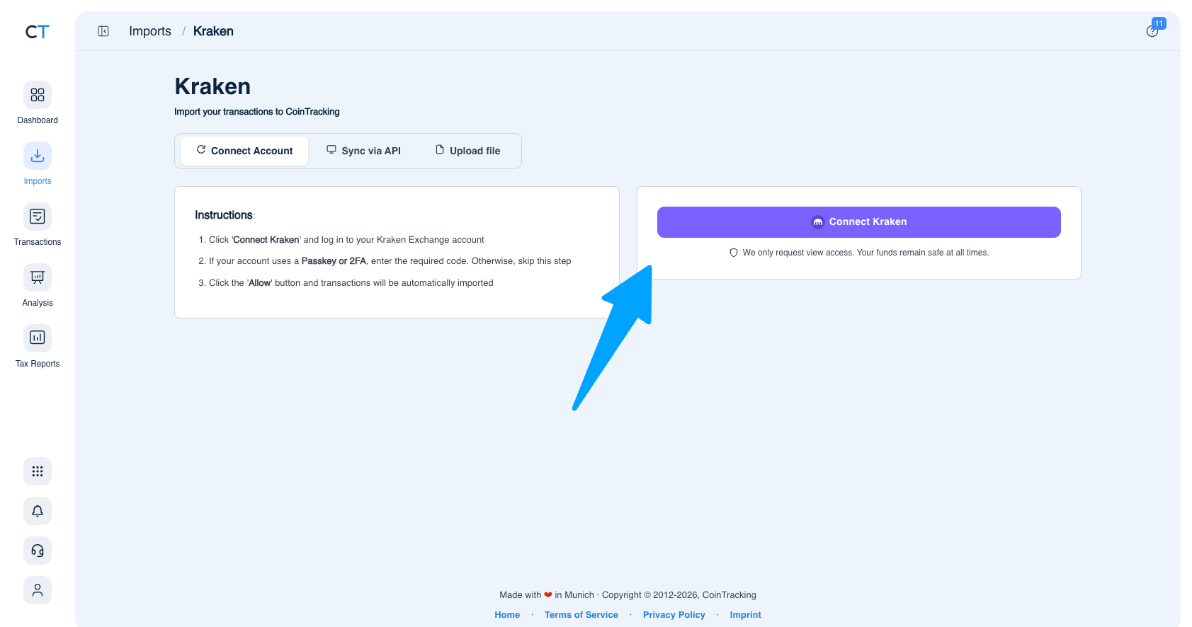 CoinTracking Kraken import page showing Connect Account tab with Connect Kraken button and Passkey/2FA instructions