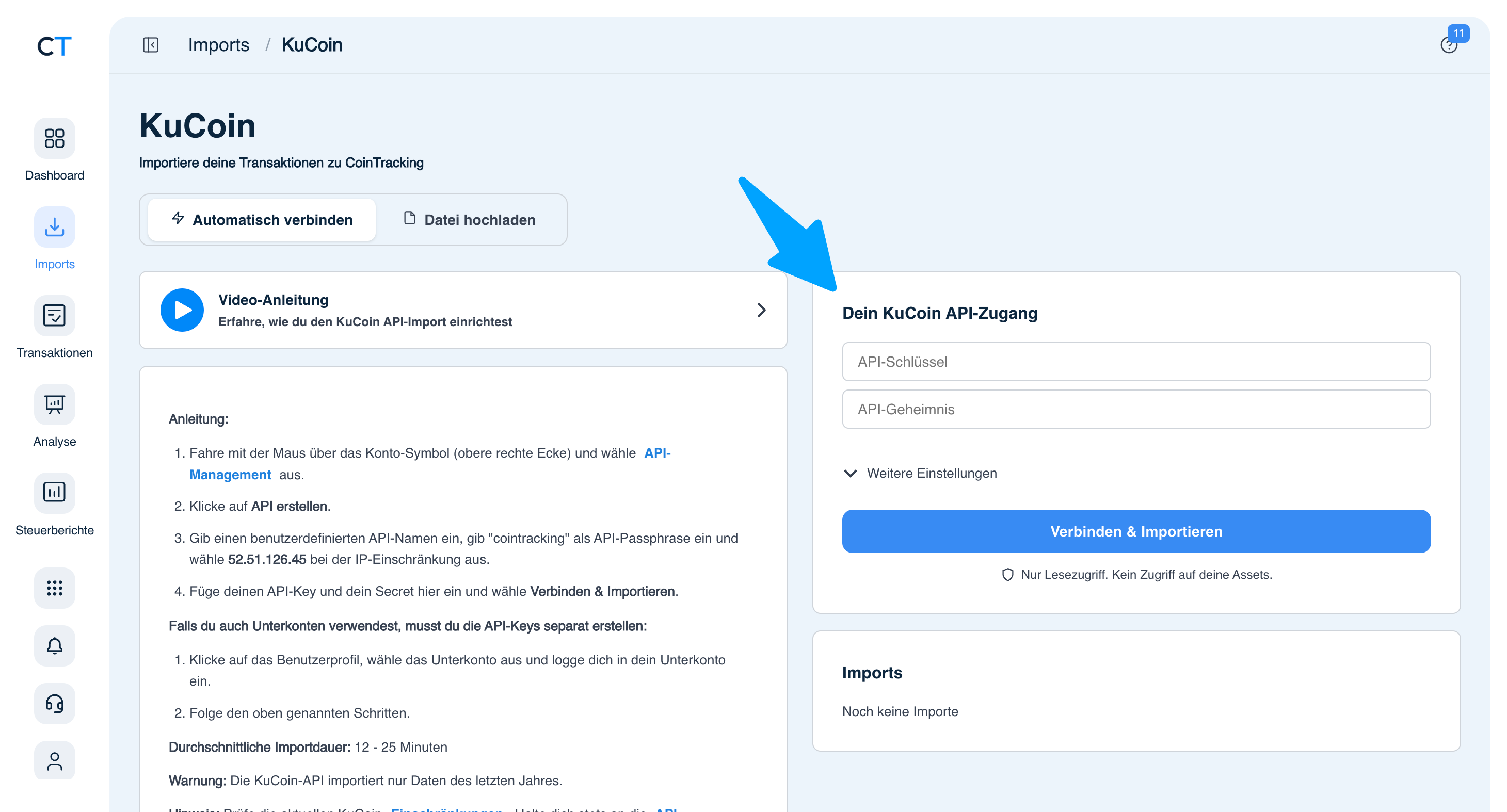CoinTracking KuCoin Import mit API-Schlüssel und API-Geheimnis Feldern und Verbinden-Button