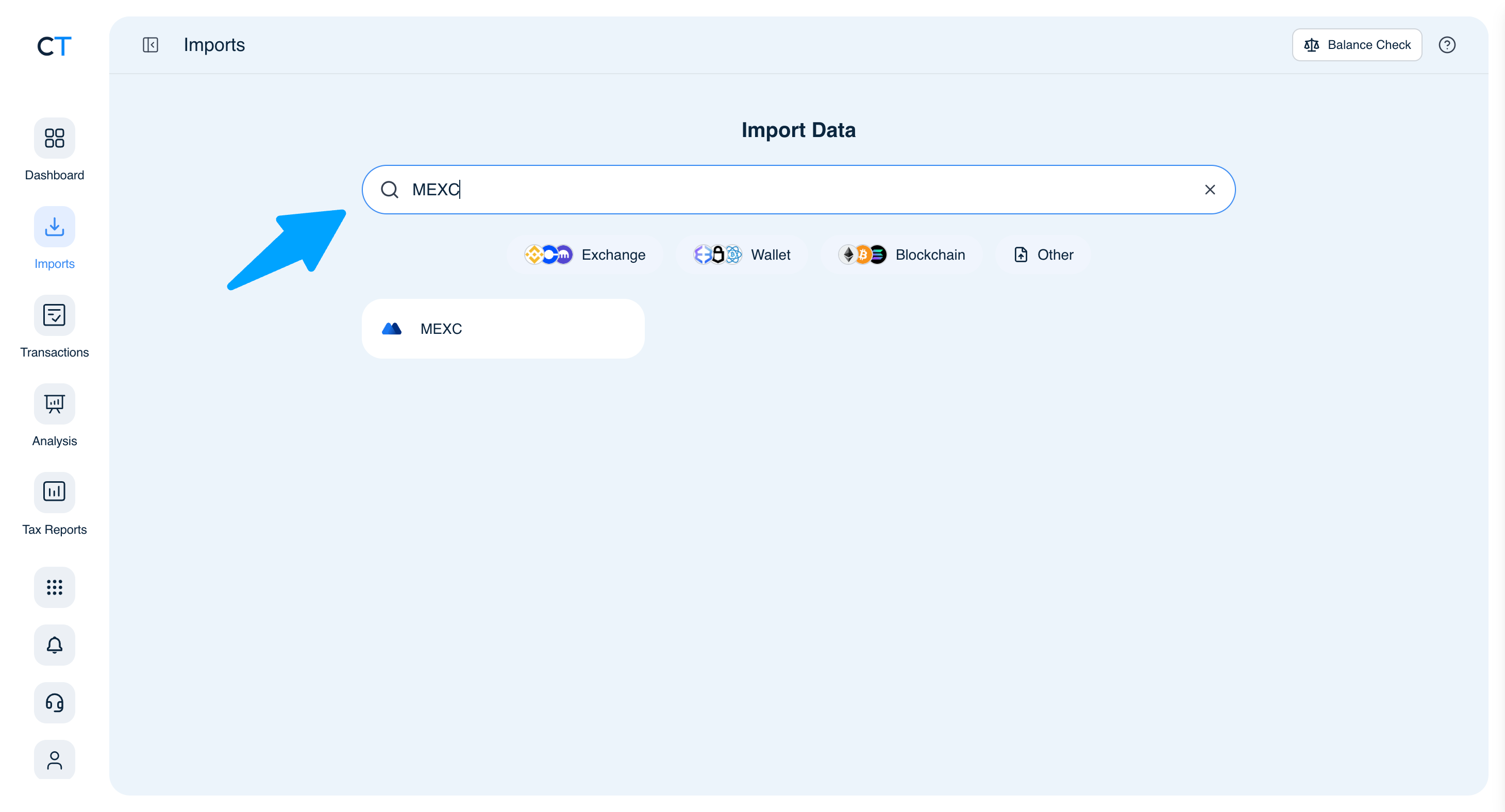 CoinTracking Import search showing MEXC result